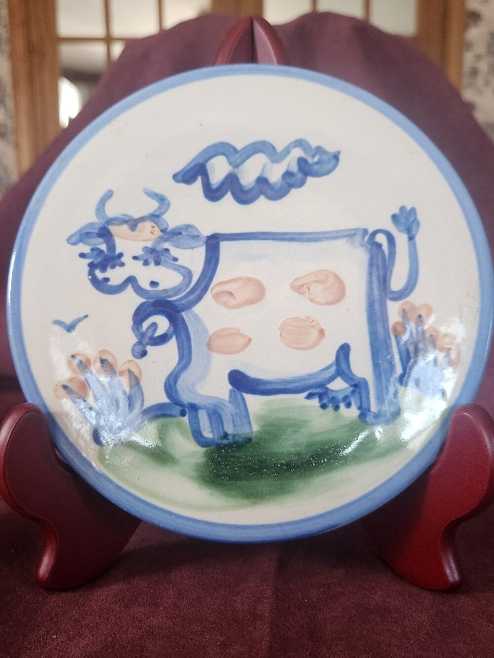 M A HADLEY ART POTTERY TRIVET COW WITH PINK SPOTS 6” round Signed Vintage